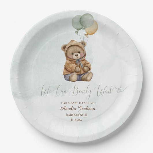Teddy Bear Brown Sage Green Balloons Baby Papieren Bordje (Voorkant)