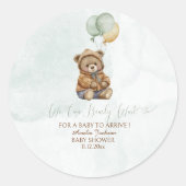 Teddy Bear Brown Sage Green Balloons Baby Ronde Sticker (Voorkant)