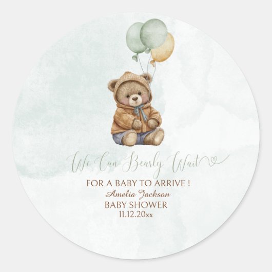 Teddy Bear Brown Sage Green Balloons Baby Ronde Sticker (Voorkant)