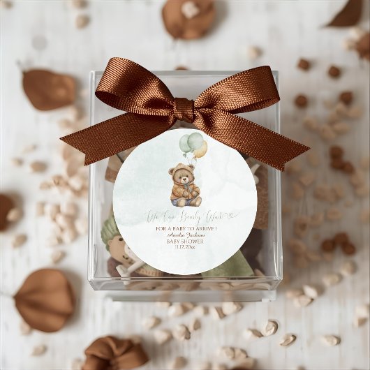 Teddy Bear Brown Sage Green Balloons Baby Ronde Sticker