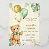 Teddy Bear Brown Sage Green Balloons Baby Shower Folie Uitnodiging (Voorkant)