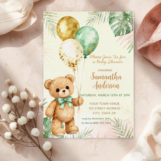Teddy Bear Brown Sage Green Balloons Baby Shower Folie Uitnodiging