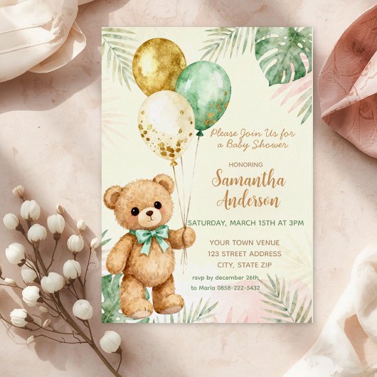 Teddy Bear Brown Sage Green Balloons Baby Shower Folie Uitnodiging