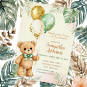 Teddy Bear Brown Sage Green Balloons Baby Shower Folie Uitnodiging
