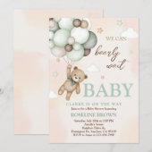 Teddy Bear Brown Sage Green Balloons Baby shower Kaart (Voorkant / Achterkant)