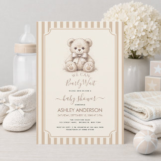 Teddy Bear & Brown Stripes Baby Shower Bearly Wait Kaart