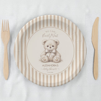 Teddy Bear & Brown Stripes Bearly Wait Baby Shower Papieren Bordje