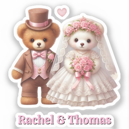 Teddy Bear bruid en bruidegom roze bruiloft aanpas Sticker (Voorkant)