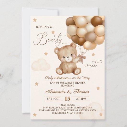 Teddy Bear Bruin Neutral Ballons Baby shower Kaart (Voorkant)