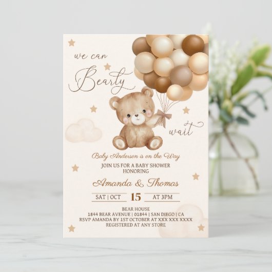 Teddy Bear Bruin Neutral Ballons Baby shower Kaart (Staand voorkant)