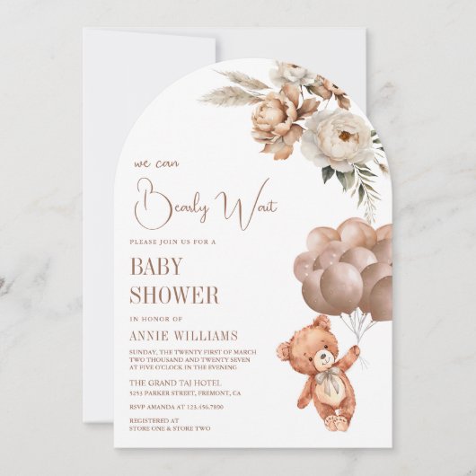 Teddy Bear Bruine Ballonnen Bloemenboog Baby showe Kaart (Voorkant)