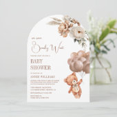 Teddy Bear Bruine Ballonnen Bloemenboog Baby showe Kaart (Staand voorkant)