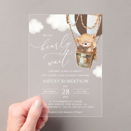Teddy Bear, Bruine Hete Luchtballon, Baby shower Acryl Uitnodigingen (Insitu (Draagbaar))