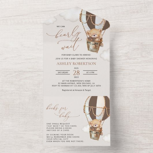 Teddy Bear, Bruine Hete Luchtballon, Baby shower All In One Uitnodiging (Binnen)