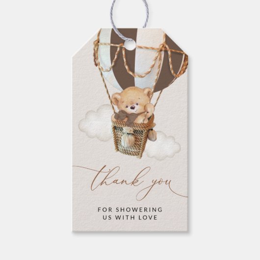 Teddy Bear, Bruine Hete Luchtballon, Baby shower Cadeaulabel (Voorkant)