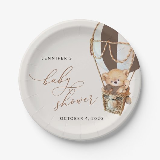 Teddy Bear, Bruine Hete Luchtballon, Baby shower Papieren Bordje (Voorkant)