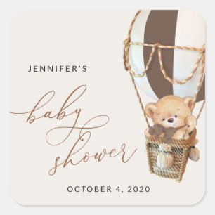 Teddy Bear, Bruine Hete Luchtballon, Baby shower Vierkante Sticker