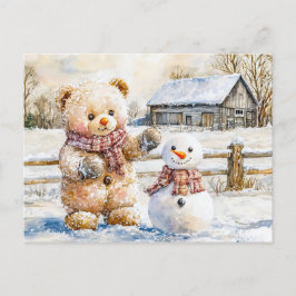 Teddy Bear Building a Snowman Briefkaart