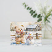 Teddy Bear Building a Snowman Briefkaart (Staand voorkant)