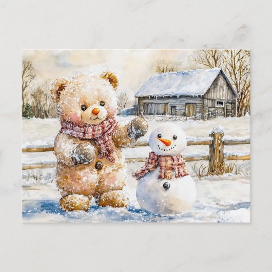 Teddy Bear Building a Snowman Briefkaart (Voorkant)
