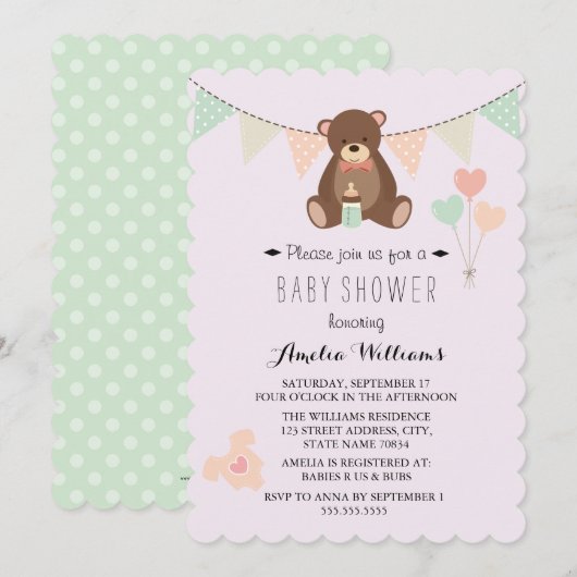 Teddy Bear Bunting Girl Baby shower Uitnodigen Kaart (Voorkant / Achterkant)