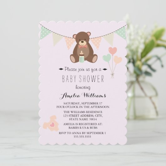 Teddy Bear Bunting Girl Baby shower Uitnodigen Kaart (Staand voorkant)
