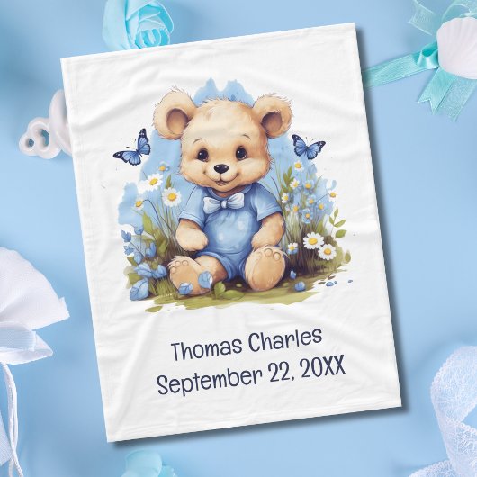 Teddy Bear Butterfly Flowers Baby shower Baby Boy Fleece Deken