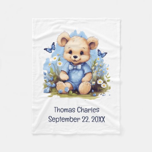 Teddy Bear Butterfly Flowers Baby shower Baby Boy Fleece Deken (Voorkant)
