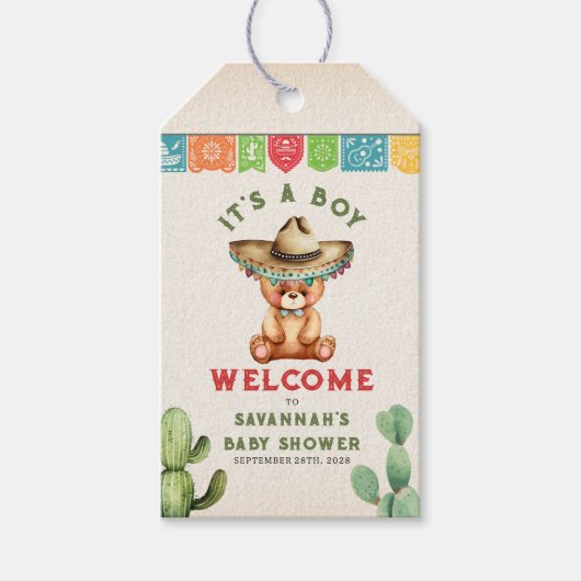 Teddy Bear Cactus Boy Baby shower Fiesta Cadeaulabel (Voorkant)