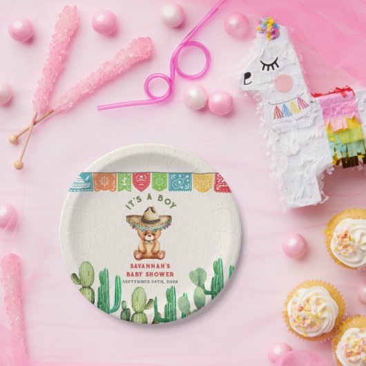 Teddy Bear Cactus Boy Baby shower Fiesta Papieren Bordje (Feest)