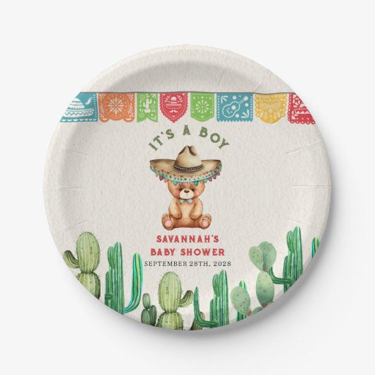 Teddy Bear Cactus Boy Baby shower Fiesta Papieren Bordje (Voorkant)
