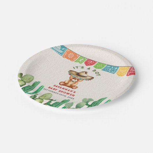 Teddy Bear Cactus Boy Baby shower Fiesta Papieren Bordje (Gekanteld)