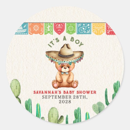 Teddy Bear Cactus Boy Baby shower Fiesta Ronde Sticker (Voorkant)
