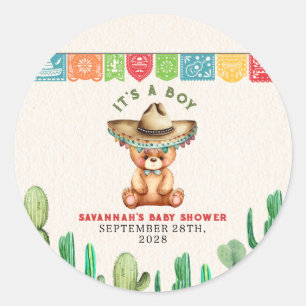 Teddy Bear Cactus Boy Baby shower Fiesta Ronde Sticker