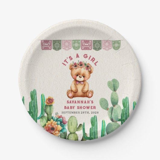 Teddy Bear Cactus Girl Baby shower Fiesta Papieren Bordje (Voorkant)