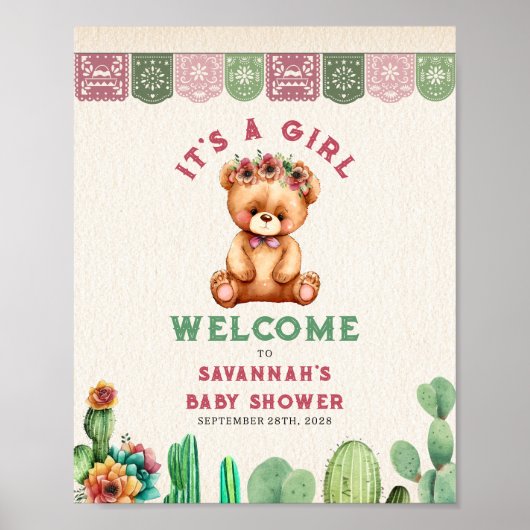 Teddy Bear Cactus Girl Baby shower Fiesta Poster (Voorkant)