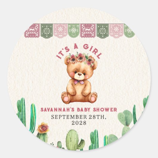 Teddy Bear Cactus Girl Baby shower Fiesta Ronde Sticker (Voorkant)