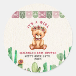 Teddy Bear Cactus Girl Baby shower Fiesta Ronde Sticker