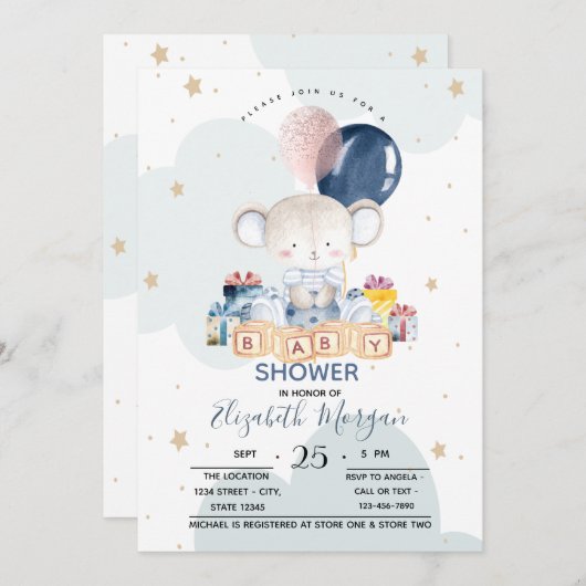 Teddy Bear Cadeaus Clouds Baby shower Kaart (Voorkant / Achterkant)