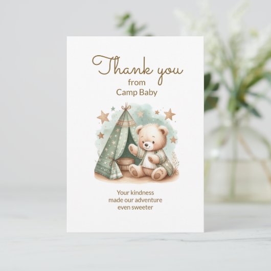 Teddy Bear Camp Baby shower Bedankt (Staand voorkant)