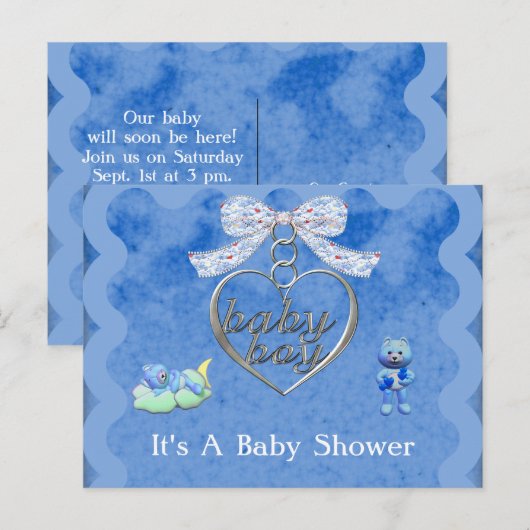Teddy Bear Charm Boy Blauw Baby shower Uitnodiging Briefkaart (Voorkant / Achterkant)
