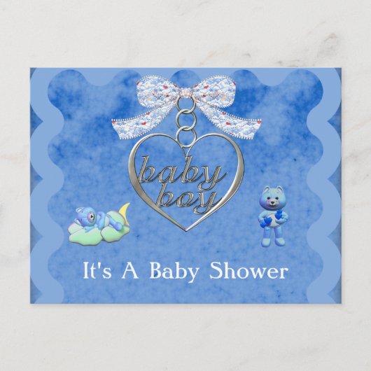 Teddy Bear Charm Boy Blauw Baby shower Uitnodiging Briefkaart (Voorkant)