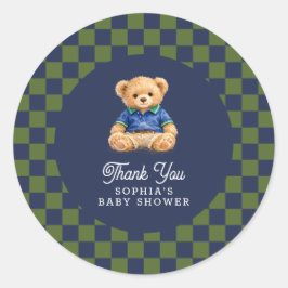 Teddy Bear Checkboard Retro Baby Shower Ronde Sticker