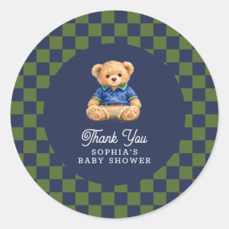 Teddy Bear Checkboard Retro Baby Shower Ronde Sticker