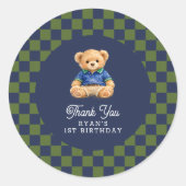 Teddy Bear Checkboard Retro Birthday Ronde Sticker (Voorkant)
