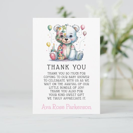 Teddy Bear Chic Girl Baby shower Dank je wel Bedankkaart (Staand voorkant)