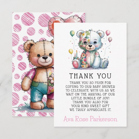 Teddy Bear Chic Girl Baby shower Dank je wel Bedankkaart (Voorkant / Achterkant)