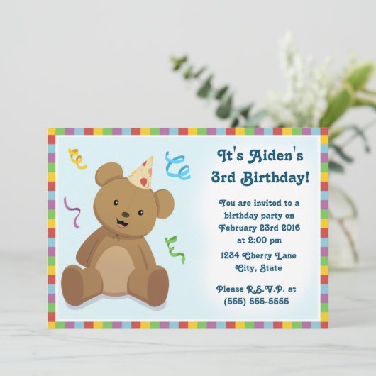 Teddy Bear Children's Birthday Invitation Kaart (Staand voorkant)