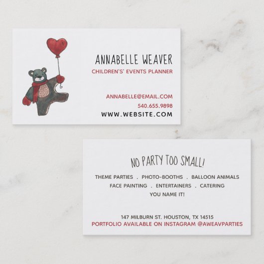 Teddy Bear Childrens Event Planner Visitekaartje (Voorkant / Achterkant)