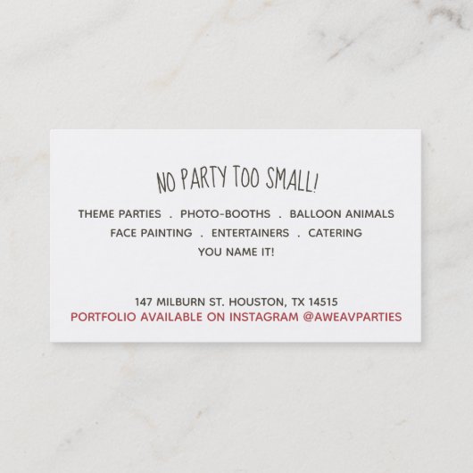 Teddy Bear Childrens Event Planner Visitekaartje (Achterkant)